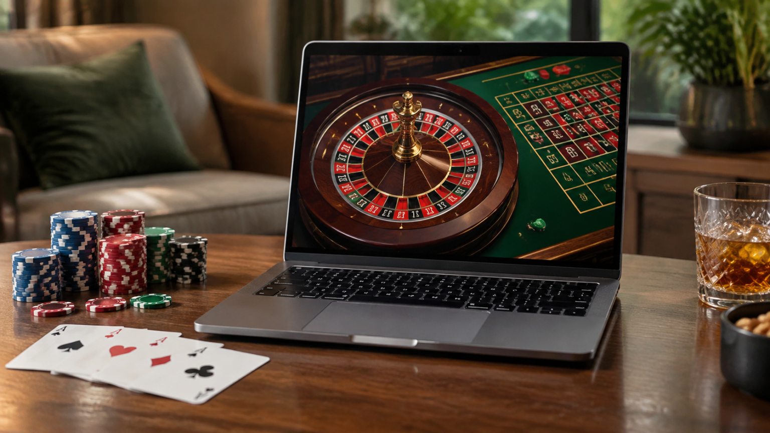 A Practical Guide to online casino Singapore Laptop displaying an online casino roulette game beside playing cards and casino chips