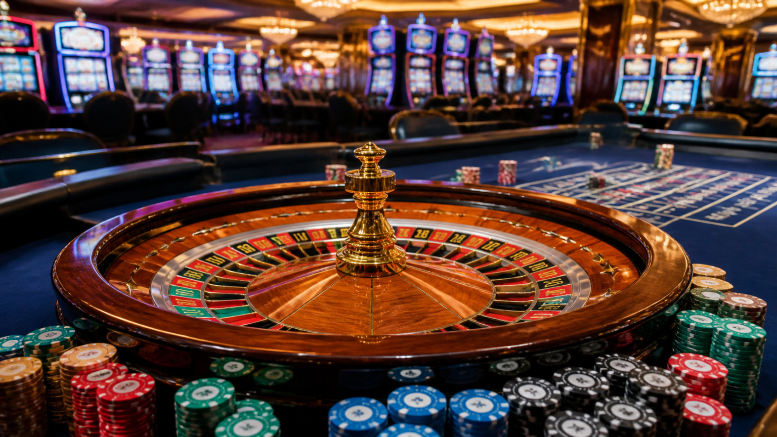 Casino non aams: come orientarsi tra criteri, rischi e scelte Tavolo roulette in un casinò con fiches e slot machine