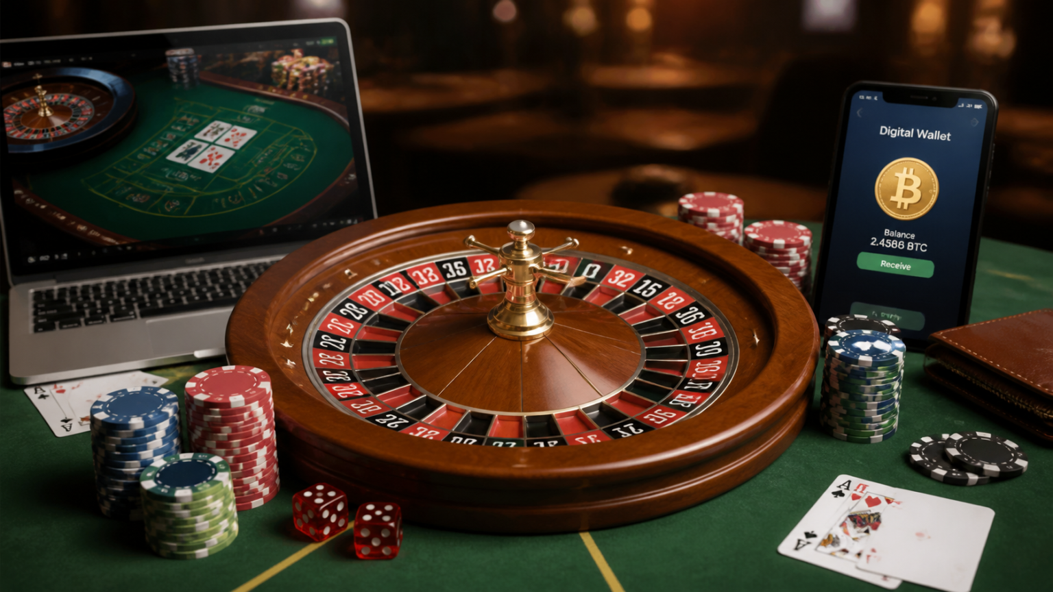 Crypto casino gaming setup with cards, chips, and a digital payment screen