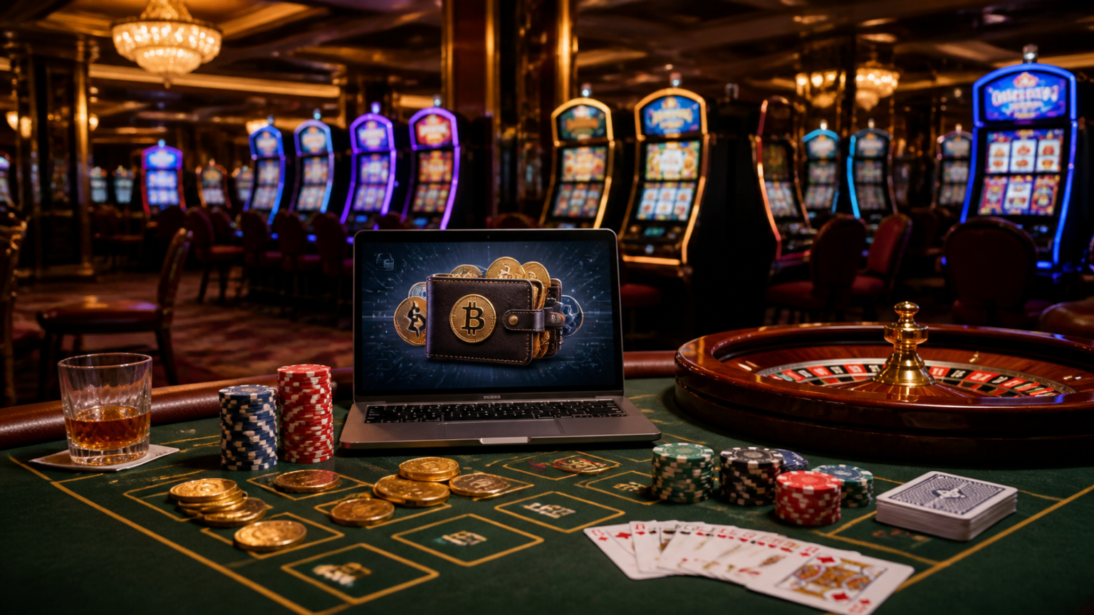 Photo of a crypto casino gaming setup with chips and slot machines