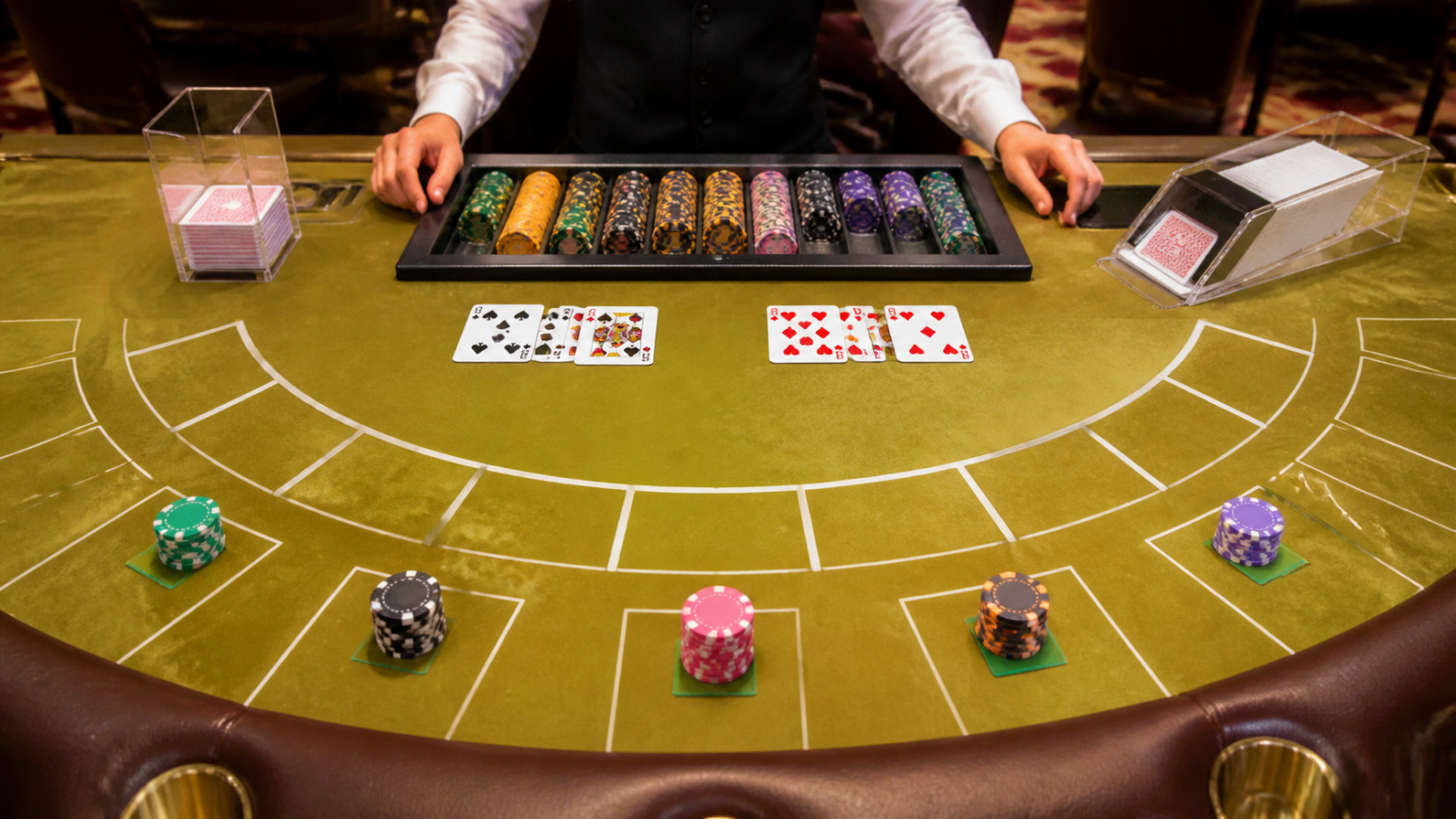 Bàn baccarat với các lá bài và phỉnh cược trong không gian casino