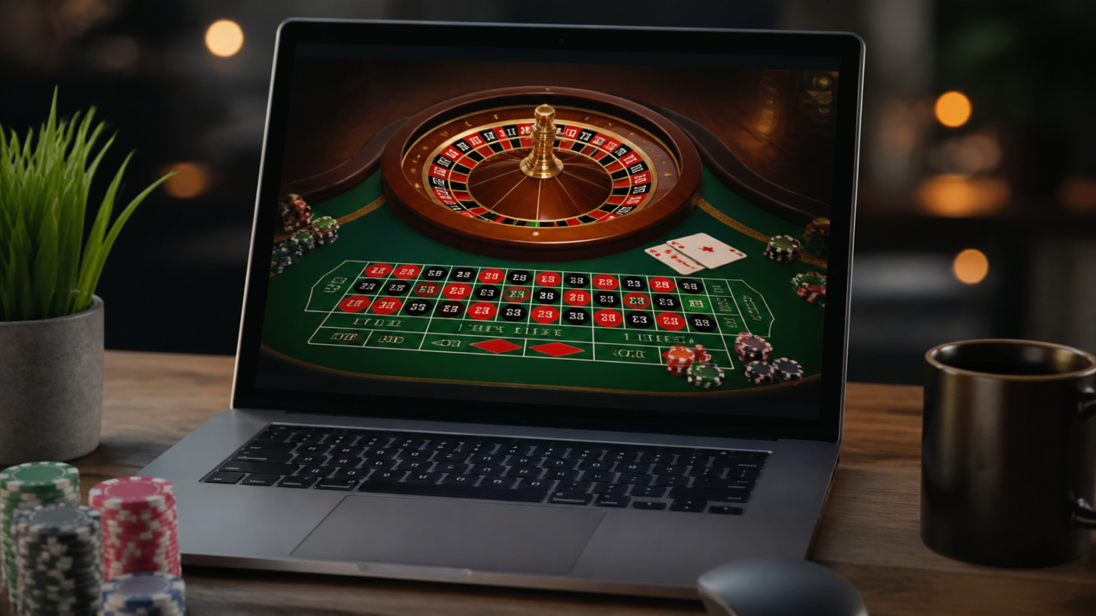 Hiểu rõ trải nghiệm casino trực tuyến Màn hình máy tính hiển thị bàn roulette và trò chơi bài trong casino trực tuyến