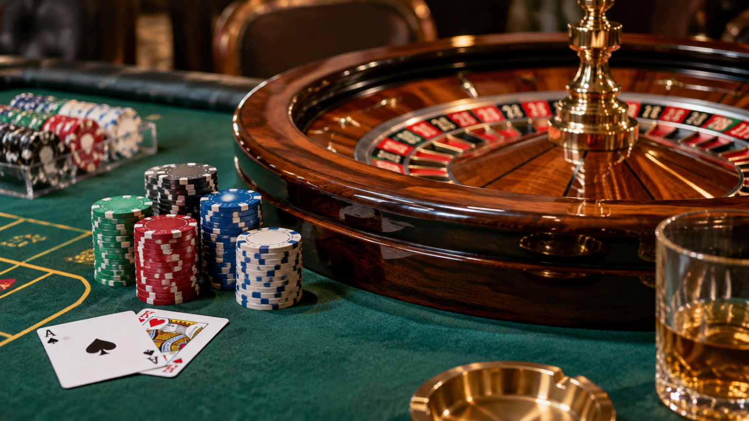 Navigating the Online Casino Singapore Experience Safely A close-up view of a green felt casino table with playing chips and a wooden roulette wheel.