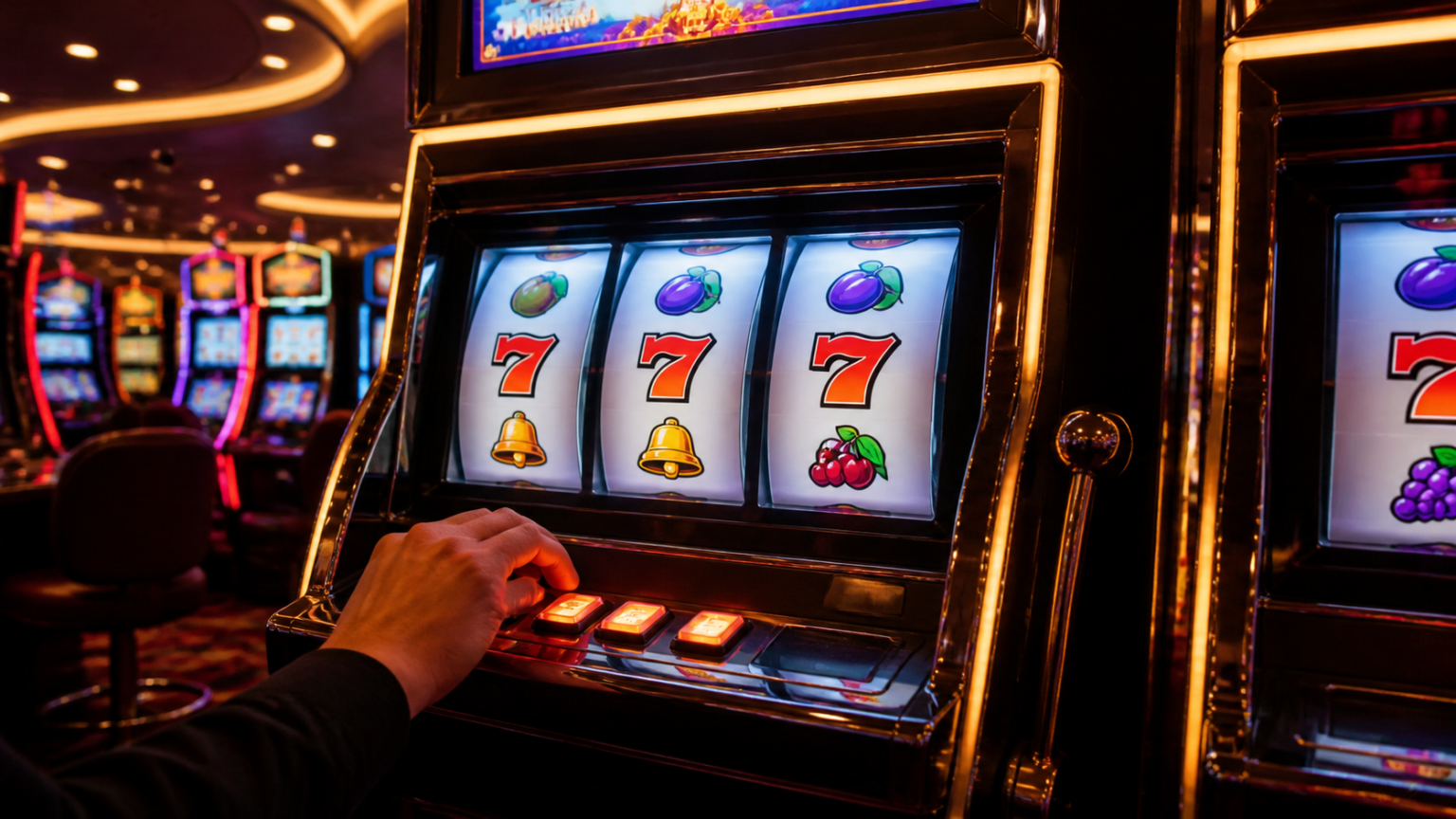 Panduan Memahami Situs Slot Gacor untuk Pemain Mesin slot kasino dengan gulungan berwarna dan suasana permainan