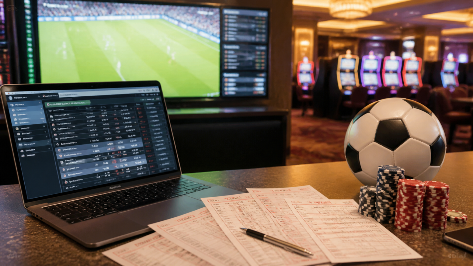 Sports betting desk with odds screen and betting slips